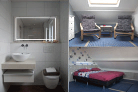 Badkamer, zithoek en bedden